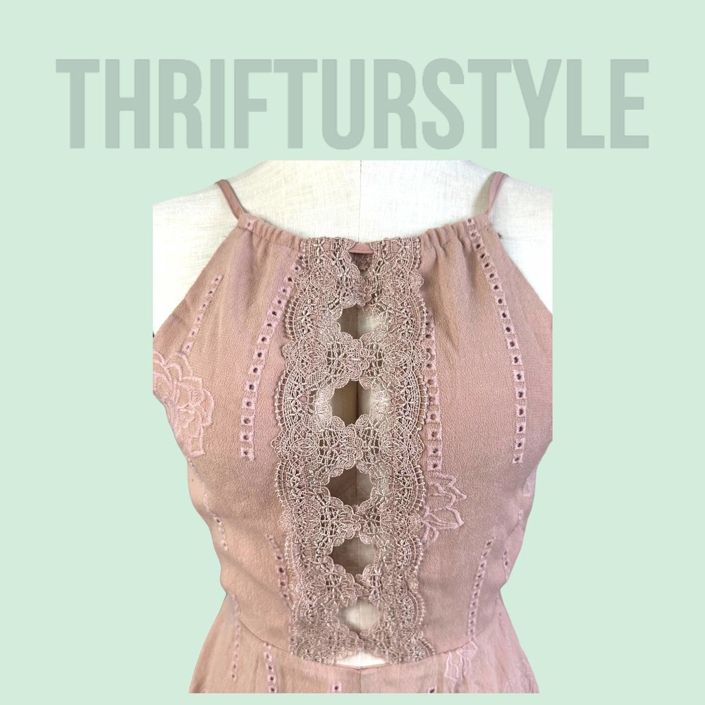 Blush Pink Lace Trim Romper Open Back Tie Spaghetti Strap Cute Casual - Picture 9 of 13